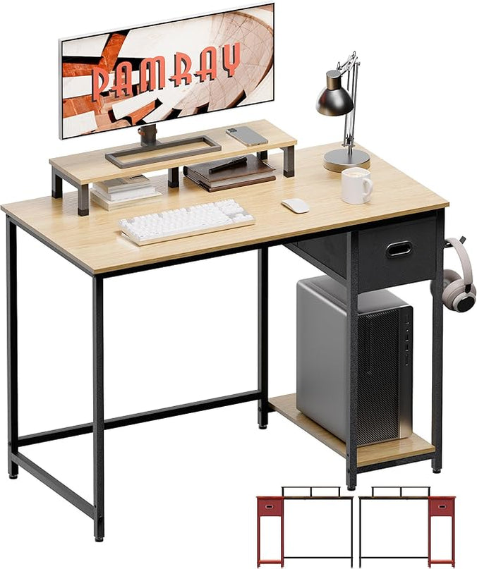 Pamray 39 Inch Computer Desk with Monitor Stand Small Home Office Desks with Non-Woven Storage Drawer for Bedroom Study Table Writing and Work Desk Walnut - LeafyLoom