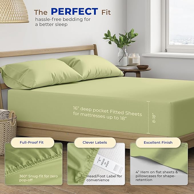 THREAD SPREAD Luxury Egyptian Cotton Sheets King Size - 600 Thread Count Sheets King 4 PC Luxury Sheets King Size, 16" Deep Pocket, Soft, Cooling Sateen Weave Hotel Luxury Bed Sheets Set - Sage Green - LeafyLoom