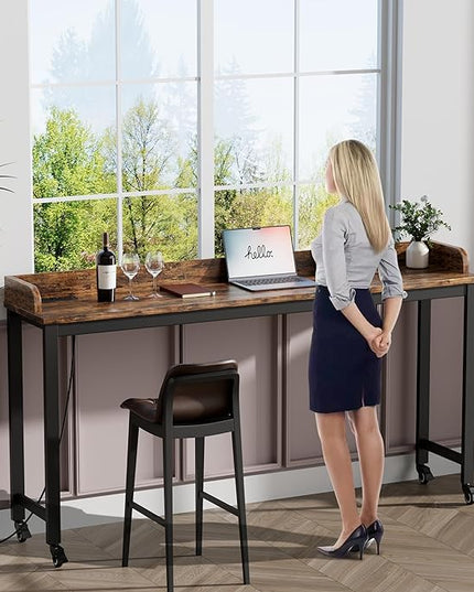 70.8" Standing Desk with Charging Station, Extra Long Desk on Wheels for Standing and Sitting, Sofa Table Behind Couch with Power Outlets and USB Ports, Easy Assembly, Walnut - LeafyLoom