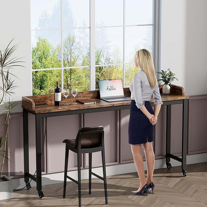 70.8" Standing Desk with Charging Station, Extra Long Desk on Wheels for Standing and Sitting, Sofa Table Behind Couch with Power Outlets and USB Ports, Easy Assembly, Walnut - LeafyLoom