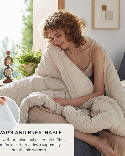 Bedsure Twin XL Comforter Set - Beige Twin Extra Long Comforter Set for College, Shabby Chic Dorm Bedding Set, 2 Pieces Boho Farmhouse Bed Set, includes 1 Pillow Sham - LeafyLoom