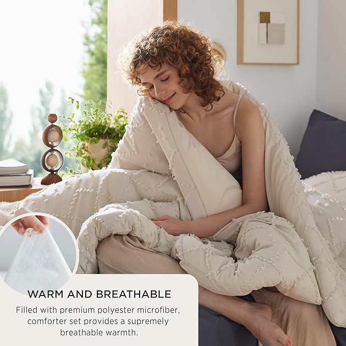 Bedsure Twin XL Comforter Set - Beige Twin Extra Long Comforter Set for College, Shabby Chic Dorm Bedding Set, 2 Pieces Boho Farmhouse Bed Set, includes 1 Pillow Sham - LeafyLoom