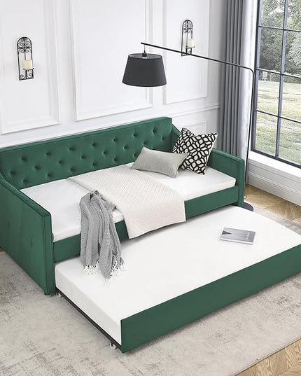 Upholstered Twin Size Daybed with Twin Trundle, Solid Wood Sofa Bed w/Button Tufted Backrest and Waved Shape Arms, for Kids, Living Room, Bedroom, Dorm, No Box Spring Needed, Green - LeafyLoom