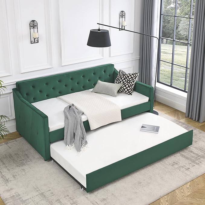 Upholstered Twin Size Daybed with Twin Trundle, Solid Wood Sofa Bed w/Button Tufted Backrest and Waved Shape Arms, for Kids, Living Room, Bedroom, Dorm, No Box Spring Needed, Green - LeafyLoom