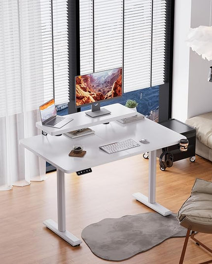 Electric Standing Desk with Monitor Shelf, 47 x 24 Inches Height Adjustable Corner Table, Computer Workstation with Cup Holder and Hook for Home Office, White, 47x24 Inch - LeafyLoom