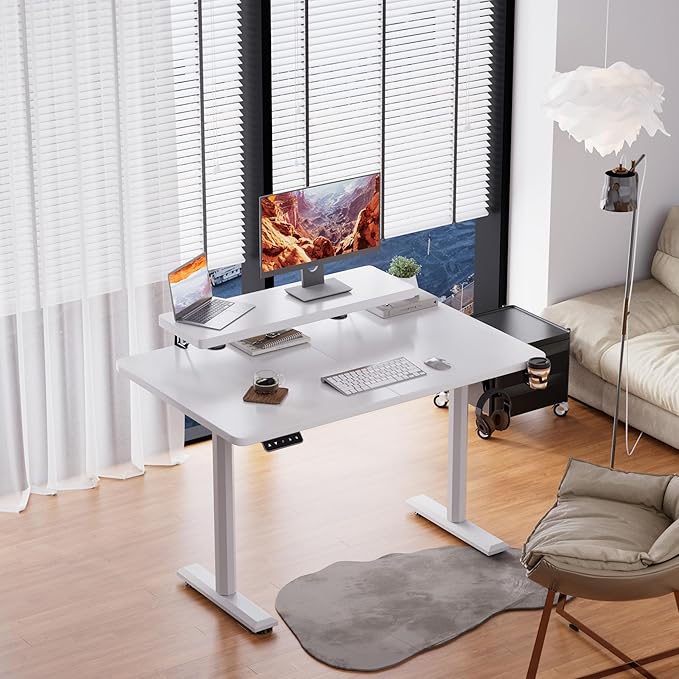 Electric Standing Desk with Monitor Shelf, 47 x 24 Inches Height Adjustable Corner Table, Computer Workstation with Cup Holder and Hook for Home Office, White, 47x24 Inch - LeafyLoom