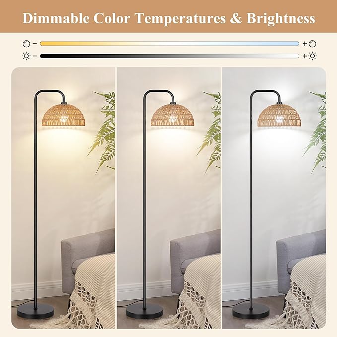 PARTPHONER Rattan Floor Lamp, 68'Standing Lamp for Living Room with 3 Color Temperatures Adjustable Tall Reading Lamp for Bedroom Office, Bulb Include - LeafyLoom