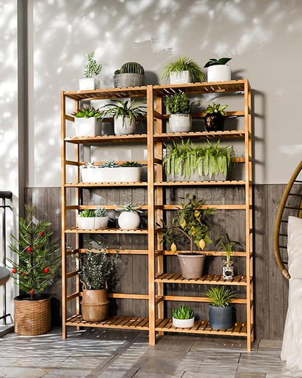 Bamboo Shelf, 6-Tier Adjustable Tall Open Bookcase, Bathroom Storage Rack Freestanding Shelving Unit, Plant Display Stand for Small Space, Natural - LeafyLoom