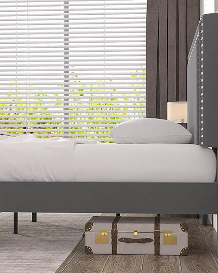 VECELO Twin Size Platform Bed Frame with Height Adjustable Upholstered Headboard, Modern Mattress Foundation,Strong Wood Slat Support, No Box Spring Needed, Easy Assembly - LeafyLoom
