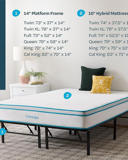 Linenspa 10” Memory Foam and Innerspring Hybrid Mattress + 14” Black Metal Platform Bedframe – Queen Mattress + Metal Folding Queen Bedframe - LeafyLoom