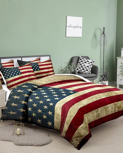 Tailor Shop American Flag Comforter Set for Boys Kids Teens American Flag Pattern Bedding Set King Size with 1 Comforter 2 Pillowcases - LeafyLoom