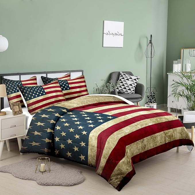 Tailor Shop American Flag Comforter Set for Boys Kids Teens American Flag Pattern Bedding Set Queen Size with 1 Comforter 2 Pillowcases - LeafyLoom