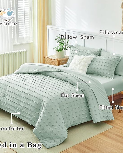 7 Pieces Tufted Dots Bed in a Bag King Comforter Set with Sheets Green , Soft and Embroidery Shabby Chic Boho Comforters, Solid Color with Pom Pom Design, Jacquard Tufts Bedding Set for All Season - LeafyLoom