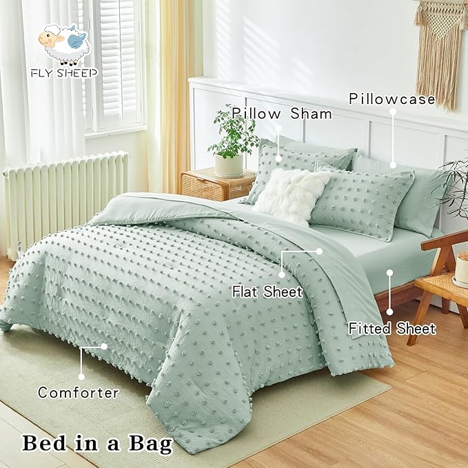 7 Pieces Tufted Dots Bed in a Bag King Comforter Set with Sheets Green , Soft and Embroidery Shabby Chic Boho Comforters, Solid Color with Pom Pom Design, Jacquard Tufts Bedding Set for All Season - LeafyLoom