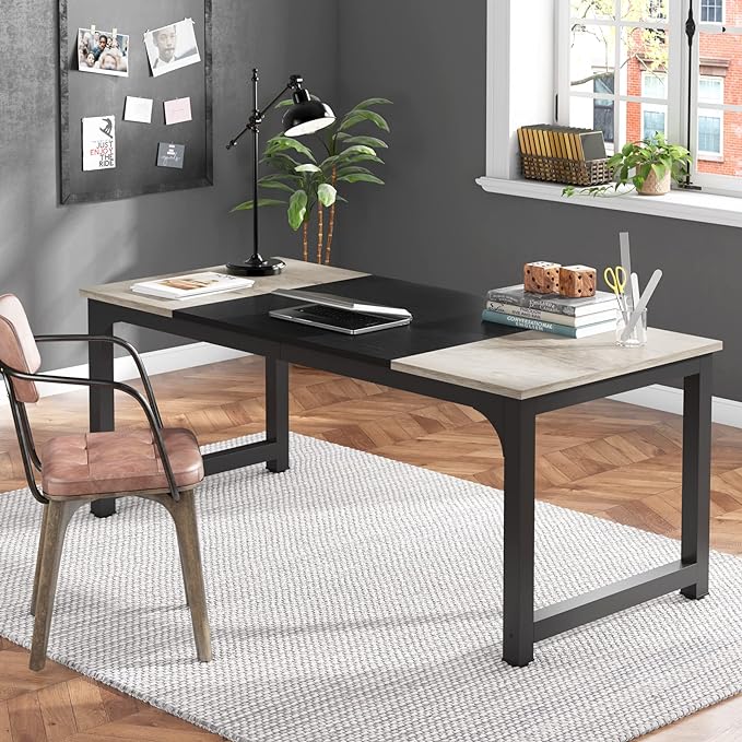 Tribesigns Modern Computer Desk, 70.8 x 31.5 inch Large Office Desk Computer Table Study Writing Desk Workstation for Home Office, Black Metal Frame, Grey Oak - LeafyLoom