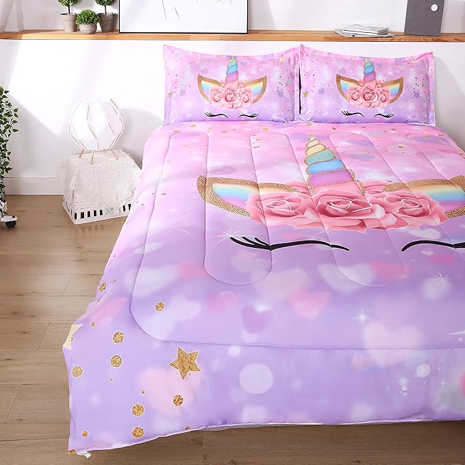 Unicorn Comforter Set 3pc Pink Flower Girl Soft Unicorn Kid's Bedding Sets - LeafyLoom