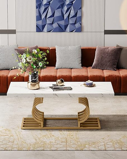 Tribesigns Modern Coffee Table, 47 Inch Faux Marble Cocktail Table with Geometric Frame, Rectangular Center Table Tea Table Accent Furniture for Living Room, Simple Assembly (White/Gold) - LeafyLoom