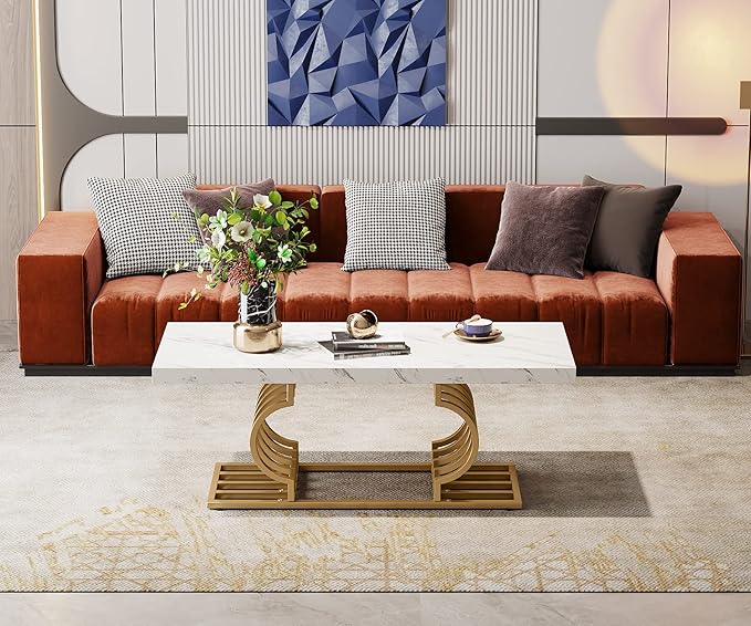 Tribesigns Modern Coffee Table, 47 Inch Faux Marble Cocktail Table with Geometric Frame, Rectangular Center Table Tea Table Accent Furniture for Living Room, Simple Assembly (White/Gold) - LeafyLoom