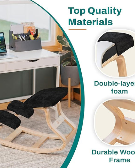 Ergonomic Kneeling Chair - A Rocking Ergo Knee Chair and Wooden Desk Chair designed for Home Office Study and Posture Chair Support, Reduce Neck and Back Pressure - Velvet Black - LeafyLoom