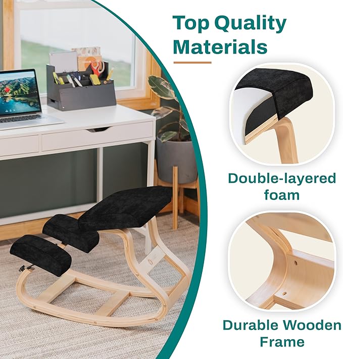 Ergonomic Kneeling Chair - A Rocking Ergo Knee Chair and Wooden Desk Chair designed for Home Office Study and Posture Chair Support, Reduce Neck and Back Pressure - Velvet Black - LeafyLoom