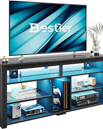 Bestier LED Tall TV Stand, Entertainment Center for 55/60/65 inch TV, Gaming TV Console with Storage for PS5, Adjustable Shelf Modern High TV Cabinet for Living Room Bedroom, Carbon Fiber Black - LeafyLoom