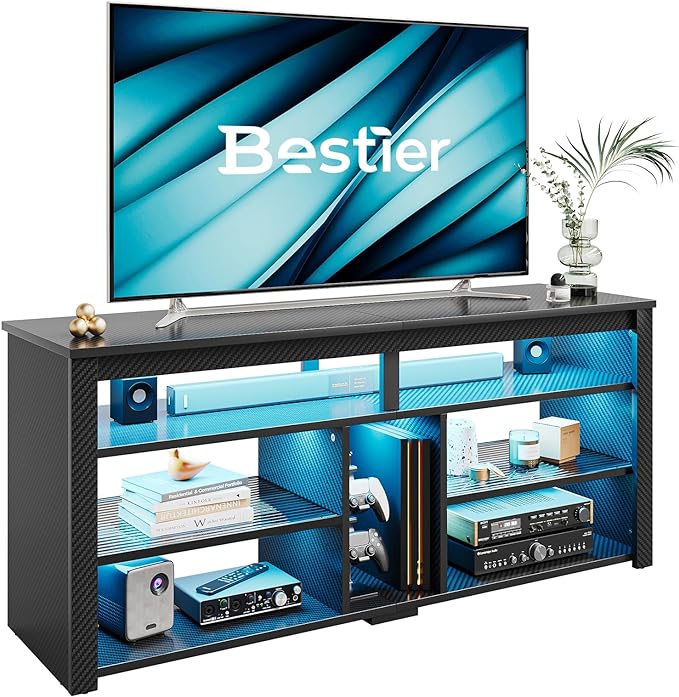 Bestier LED Tall TV Stand, Entertainment Center for 55/60/65 inch TV, Gaming TV Console with Storage for PS5, Adjustable Shelf Modern High TV Cabinet for Living Room Bedroom, Carbon Fiber Black - LeafyLoom