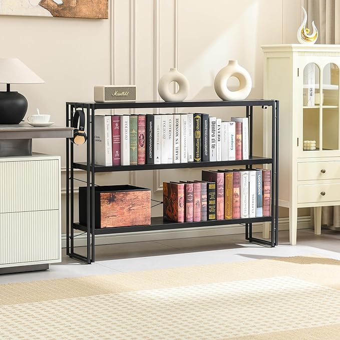 HCHQHS Bookshelf, 3-Tier Industrial Bookcase, Black Open Book Shelf, Freestanding Horizontal Bookshelves with Metal Frame - LeafyLoom