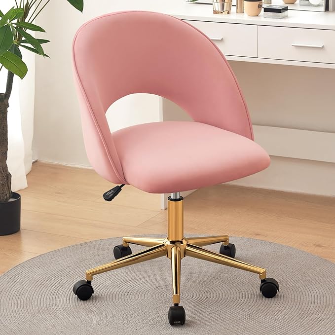 Furniliving Pink Vanity Chair, Cute Desk Chairs for Girls with Back, Rolling Upholstered Accent Chair for Living Room/Makeup Room/Bedroom, Pink - LeafyLoom
