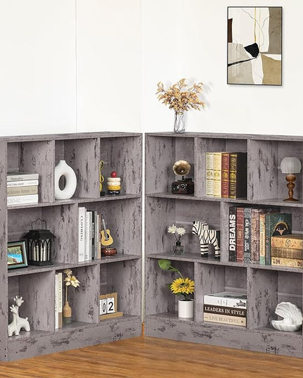 LEYAOYAO 8 Cube Bookshelf with Base,3 Tier Mid-Century Modern Grey Bookcase,Standing Wide Bookshelves Storage Organizer Shelf,Rustic Wood Display Cabinet Book Shelves for Bedroom,Living Room,Office - LeafyLoom