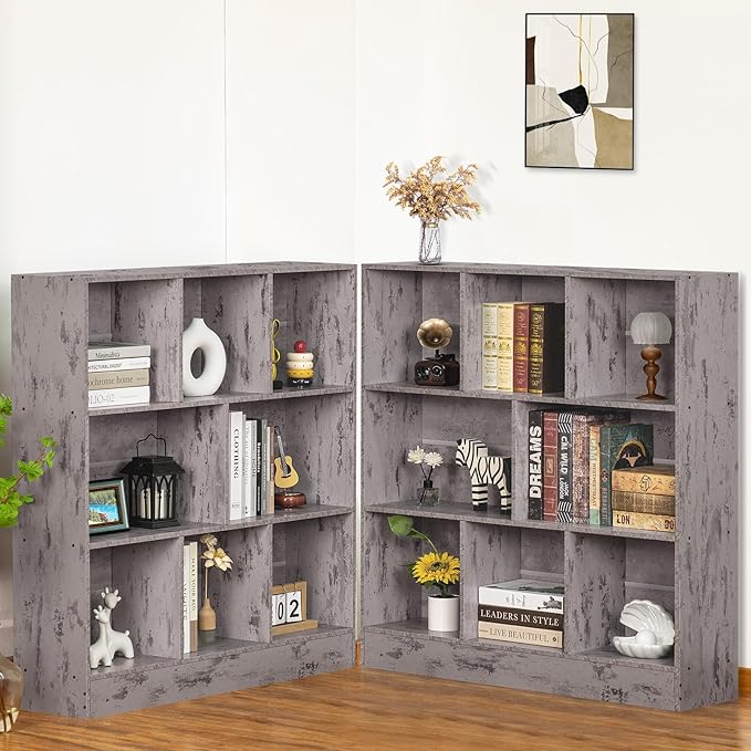 LEYAOYAO 8 Cube Bookshelf with Base,3 Tier Mid-Century Modern Grey Bookcase,Standing Wide Bookshelves Storage Organizer Shelf,Rustic Wood Display Cabinet Book Shelves for Bedroom,Living Room,Office - LeafyLoom