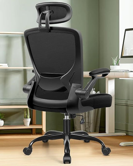 KERDOM Ergonomic Office Chair, Breathable Mesh Desk Chair with Headrest and Flip-up Arms for Office,Gaming,Computer Lumbar Support Swivel Task Chair, Adjustable Height,Black - LeafyLoom
