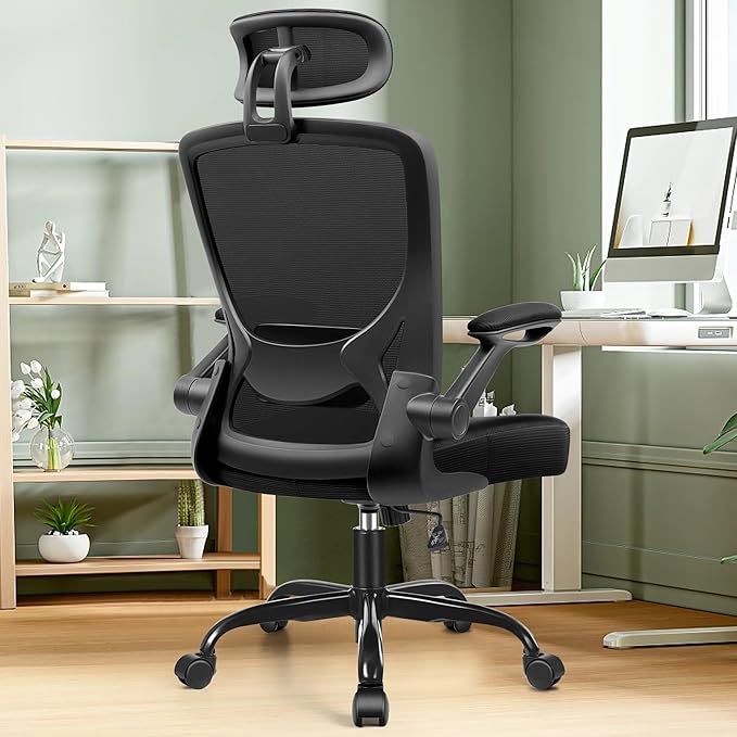 KERDOM Ergonomic Office Chair, Breathable Mesh Desk Chair with Headrest and Flip-up Arms for Office,Gaming,Computer Lumbar Support Swivel Task Chair, Adjustable Height,Black - LeafyLoom