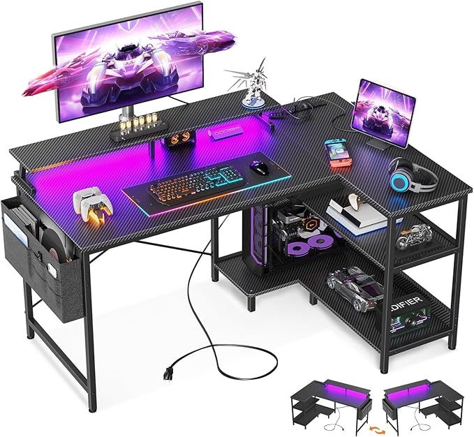 ODK 48 Inch Gaming Desk with USB Charging Ports and LED Lights, Reversible L Shaped Computer Desk with Storage Shelves & Monitor Stand, Corner Gamer Desk Table with Power Outlets, Carbon Fiber Black - LeafyLoom