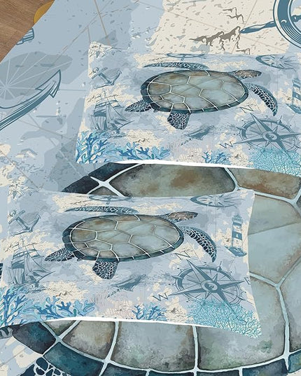 NINENINE Sea Turtle Comforter Set Twin Size for Kids Girls Boys,Ocean Themed Turtle Printed Aqua Blue Bedding Coral Sailboat Bed Set with 1 Comforter 1Pillowcase… - LeafyLoom
