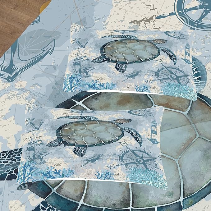 NINENINE Sea Turtle Comforter Set Twin Size for Kids Girls Boys,Ocean Themed Turtle Printed Aqua Blue Bedding Coral Sailboat Bed Set with 1 Comforter 1Pillowcase… - LeafyLoom