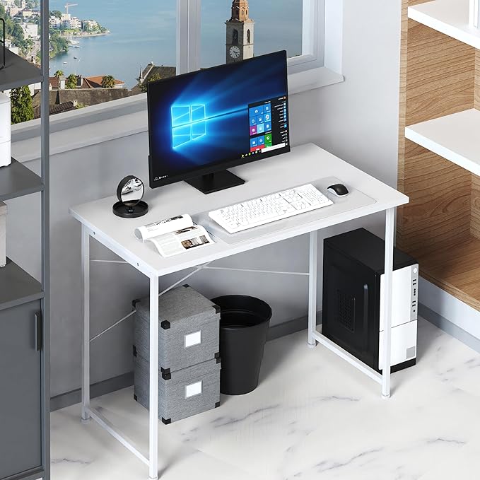 HealSmart Home Office Computer Desk, Modern Style Design with Headphone Hooks for Working, Writing and Gaming, 32 Inch, 40 Inches, White - LeafyLoom