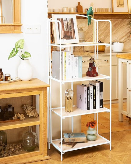 No Assembly Folding Bookshelf, 4 Tier White Bookshelf, Metal Book Shelf for Storage, Folding Bookcase for Office Organization and Storage, 12.6" D x 22.44" W x 55.51" H - LeafyLoom