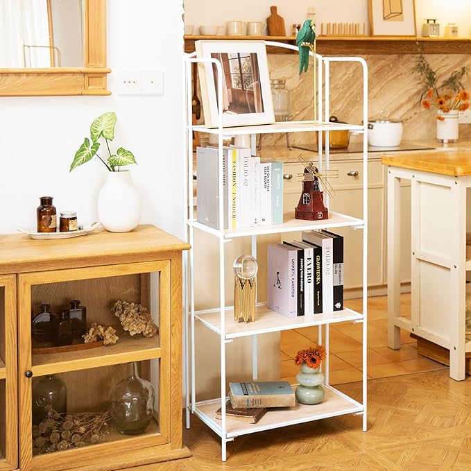No Assembly Folding Bookshelf, 4 Tier White Bookshelf, Metal Book Shelf for Storage, Folding Bookcase for Office Organization and Storage, 12.6" D x 22.44" W x 55.51" H - LeafyLoom