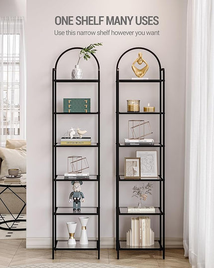 Bookcase Bookshelf, Tempered Glass Bookshelves, Slim Shelving Unit for Bedroom, Bathroom, Home Office, Steel Frame, 6 Tier Black BC10601B - LeafyLoom