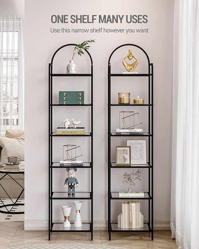 Bookcase Bookshelf, Tempered Glass Bookshelves, Slim Shelving Unit for Bedroom, Bathroom, Home Office, Steel Frame, 6 Tier Black BC10601B - LeafyLoom