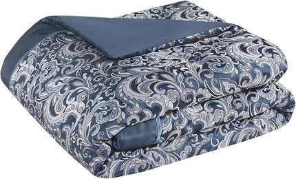 Madison Park Essentials Brystol 24 Piece Room in a Bag Faux Silk Comforter Jacquard Paisley Design Matching Curtains Down Alternative All Season Bedding-Set, King(104 in x 92 in), Navy 24 Piece - LeafyLoom