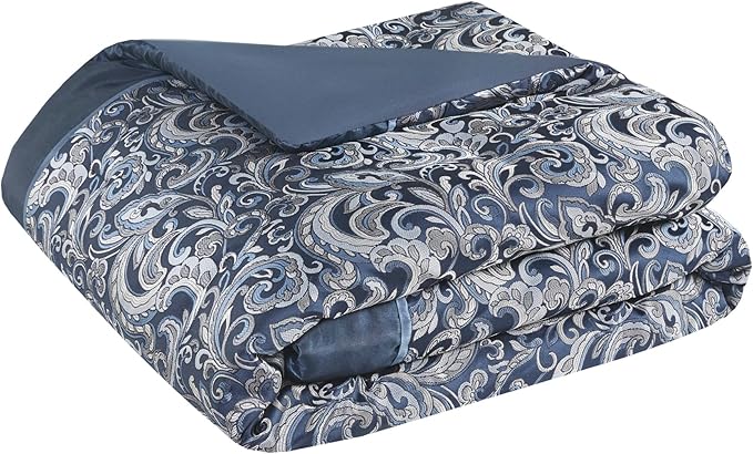Madison Park Essentials Brystol 24 Piece Room in a Bag Faux Silk Comforter Jacquard Paisley Design Matching Curtains Down Alternative All Season Bedding-Set, King(104 in x 92 in), Navy 24 Piece - LeafyLoom