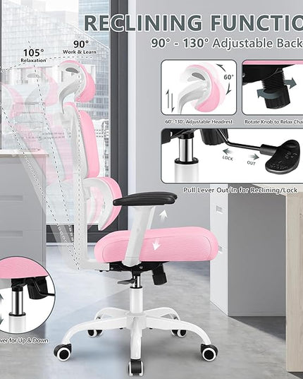 Office Chair Ergonomic Desk Chair, High Back Gaming Chair, Big and Tall Reclining chair Comfy Home Office Desk Chair Lumbar Support Breathable Mesh Computer Chair Adjustable Armrests (Pink) - LeafyLoom