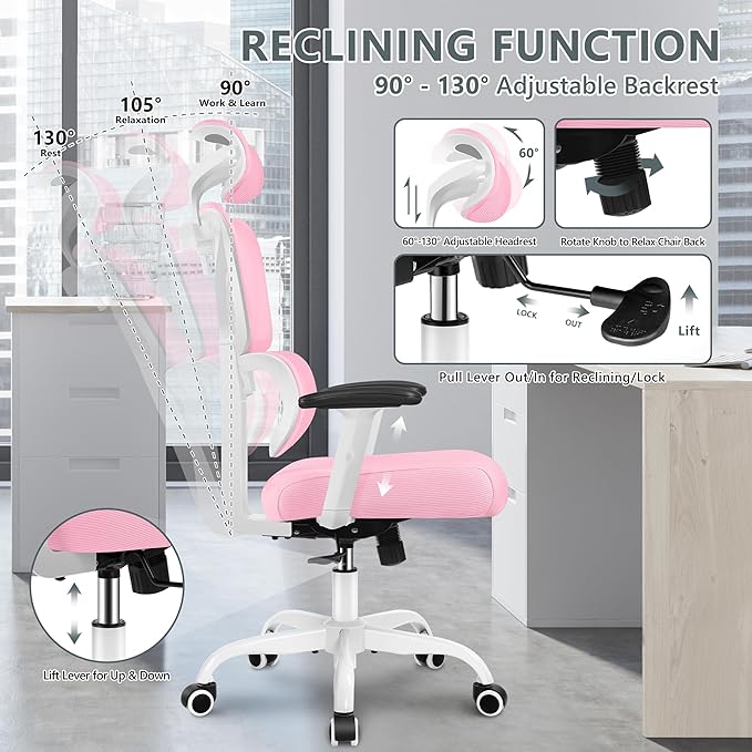 Office Chair Ergonomic Desk Chair, High Back Gaming Chair, Big and Tall Reclining chair Comfy Home Office Desk Chair Lumbar Support Breathable Mesh Computer Chair Adjustable Armrests (Pink) - LeafyLoom