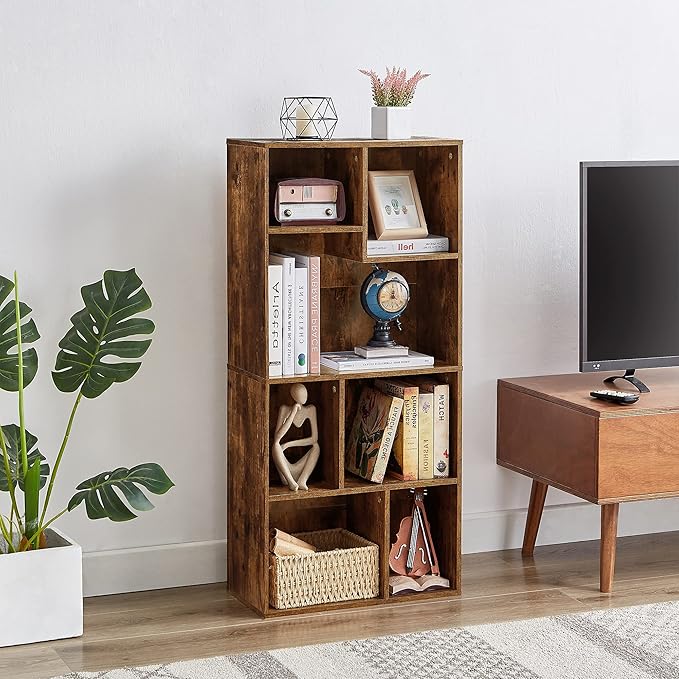 VECELO 42" Modern Bookshelf, 7 Cube Organizer Bookcase,Fits Tallest Hardcovers, Horizontal Available,Floor Standing Display,Easy Assembly, Vintage Brown - LeafyLoom