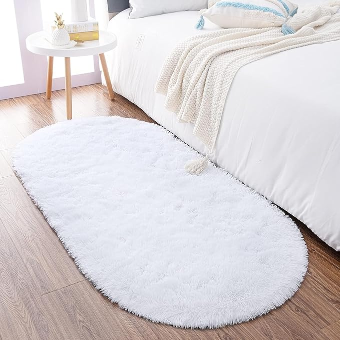 Noahas White Fluffy Rugs for Bedroom,2'X 5' Oval Ultra Soft Bedroom Rugs,Small Throw Rugs, Kids Room Carpet Modern Shaggy Area Rugs Home Decor - LeafyLoom