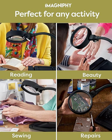 8X Desk Magnifying Light - Magnifying Glass for Reading and Crafts with 6 LEDs (No Glare, No Flickering) - Magnifying Lamp with Light and Stand, 2 Brightness Settings - Ideal for Seniors - LeafyLoom