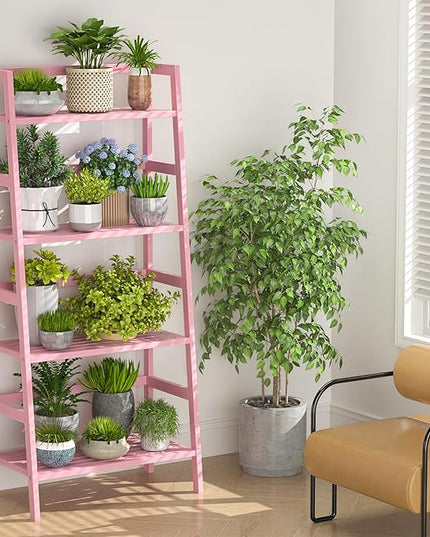 Homykic Bamboo Ladder Bookshelf, 4-Tier Ladder Shelf Open Book Shelf Freestanding Bookcase Bathroom Storage Rack Plant Stand for Living Room, Bedroom, Office, Easy Assembly, Pink - LeafyLoom