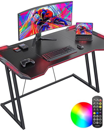 CubiCubi Gaming Desk with LED Lights, 47 Inch Z Shaped Gamer Desk, Home Game Computer Desk with Carbon Fiber Surface, Ergonomic Office PC Workstation with Cable Management, Black - LeafyLoom
