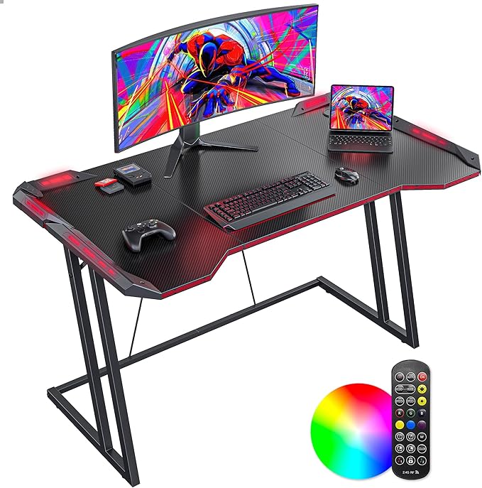 CubiCubi Gaming Desk with LED Lights, 47 Inch Z Shaped Gamer Desk, Home Game Computer Desk with Carbon Fiber Surface, Ergonomic Office PC Workstation with Cable Management, Black - LeafyLoom
